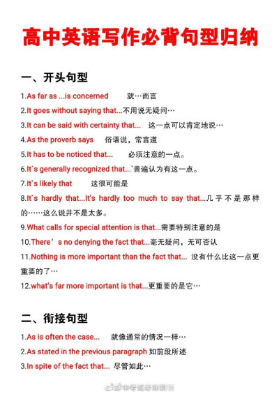 英语作文必背句型整理！背熟英语作文不吃亏
来源：微博中考高考冲刺墙