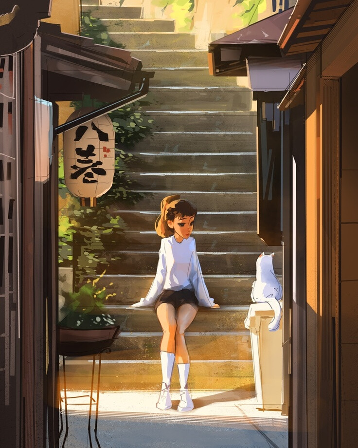 Cat & Girl 插画 By_Sam Yang