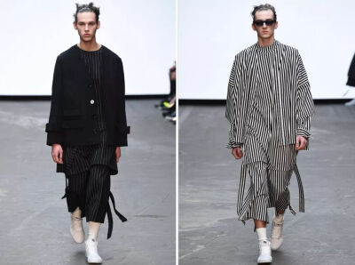 毕业于 CSM中央圣马丁的 Nicomede Talavera的2015秋冬系列登上了伦敦男装MAN Collection舞台。黑白系、条纹、层叠的搭配以及飘逸的长衫，设计师通过这些统一性加强作品的系列感。