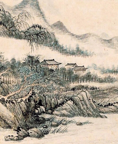 吴历在画《远浦归帆》的时候，明显借鉴了五代画家董源的创作手法与表现形式。他用细碎的笔法皴染山石，形成一种似幻似真的视觉效果，配合上云烟弥散，画出了潇湘两岸山水的温润之美。