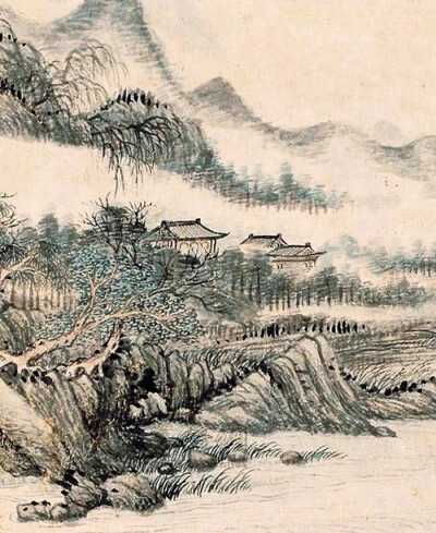 吴历在画《远浦归帆》的时候，明显借鉴了五代画家董源的创作手法与表现形式。他用细碎的笔法皴染山石，形成一种似幻似真的视觉效果，配合上云烟弥散，画出了潇湘两岸山水的温润之美。