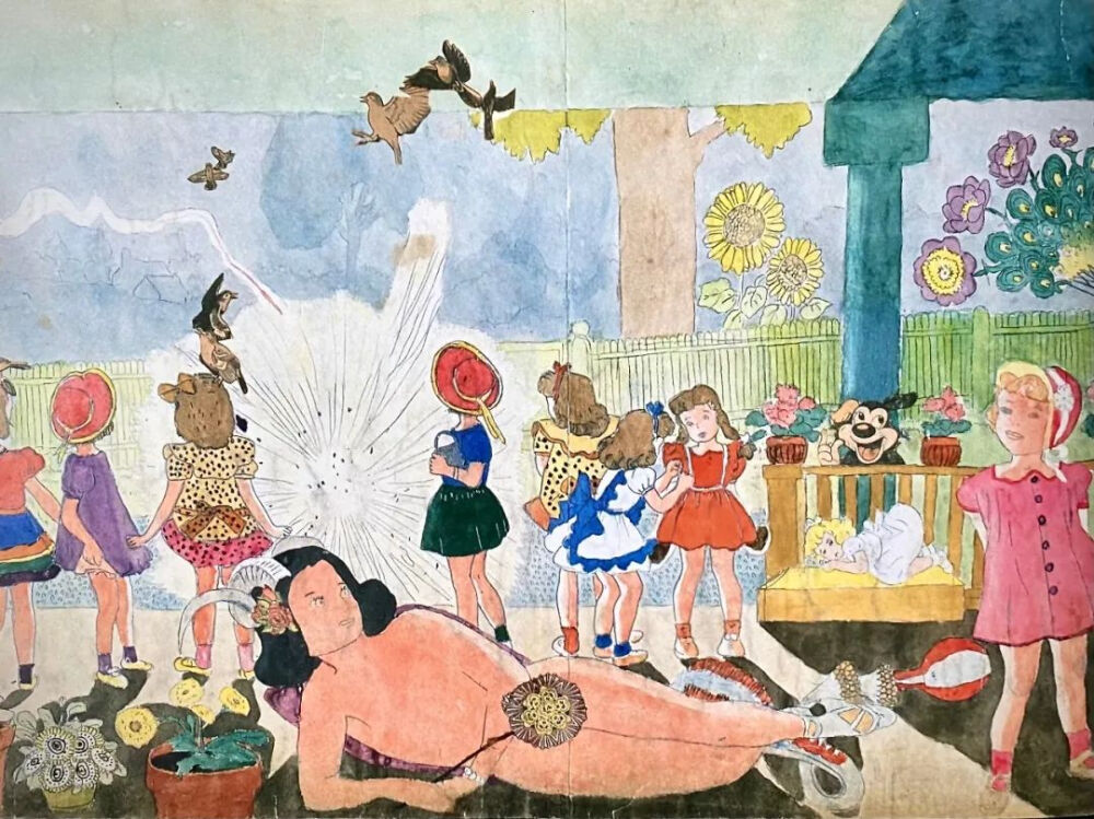 这些画的作者Henry Darger（1892-1973），是一名默默无闻的看门人和洗碗工。
在他离世前，房东在其公寓发现了大量艺术创作：超过350幅的水彩、拼贴、速写；3本手工装订的巨幅画册、7本小说、数千捆文字手稿……
 
