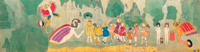 这些画的作者Henry Darger（1892-1973），是一名默默无闻的看门人和洗碗工。
在他离世前，房东在其公寓发现了大量艺术创作：超过350幅的水彩、拼贴、速写；3本手工装订的巨幅画册、7本小说、数千捆文字手稿……
 …