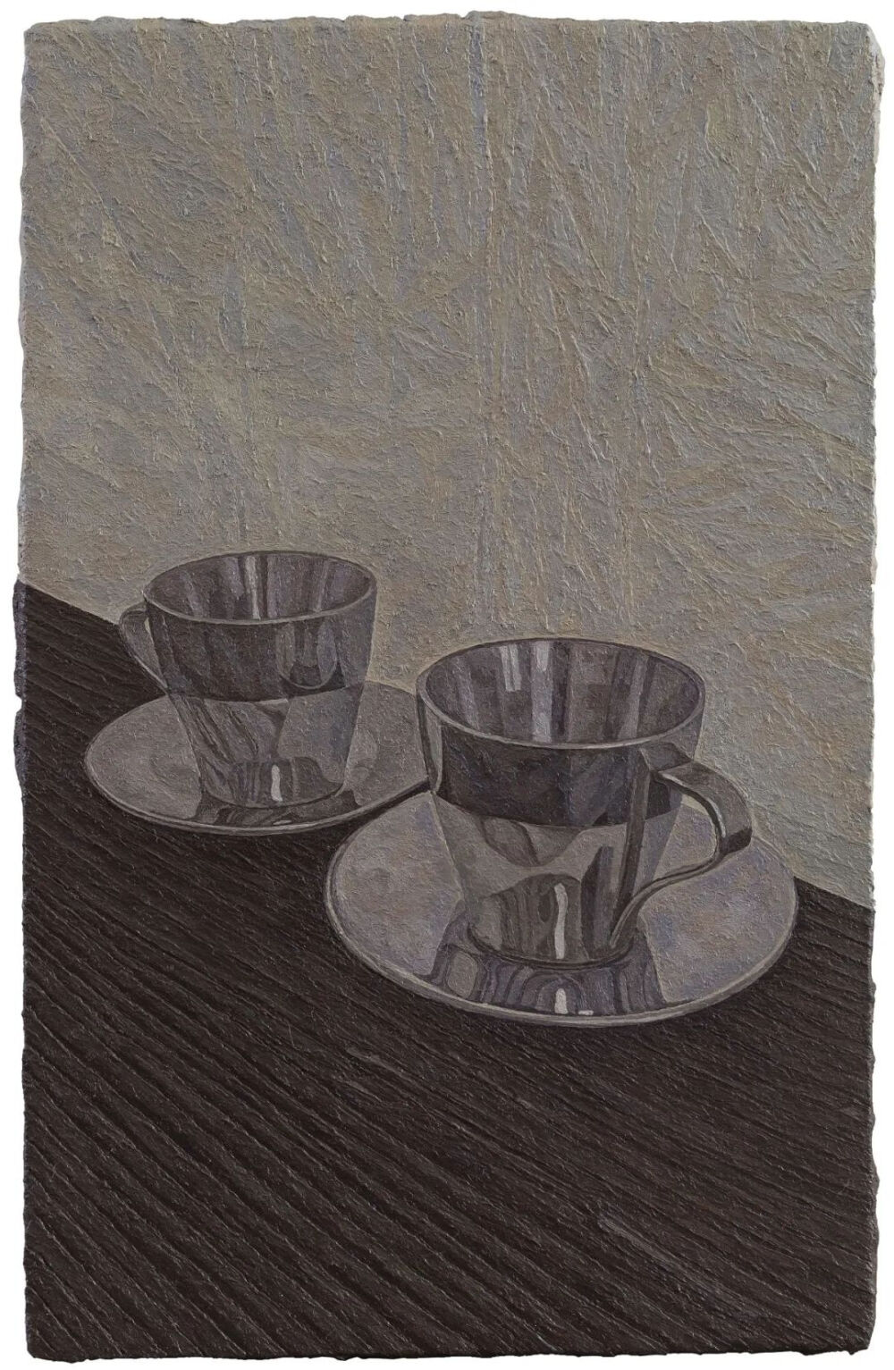 两个不锈钢咖啡杯，木桌 汪子博 25 x 16 cm 布面油画 2018 年