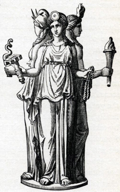 赫卡忒（英语：Hecate；希腊语：Ἑκάτη）为希腊神话中前奥林匹斯的一个重要的提坦女神，她是一位从近东传入的大女神，她是机遇的三相女神、魔法的女神、鬼魂女皇与地狱女神。根据Bacchylides她是尼克斯的女儿，…