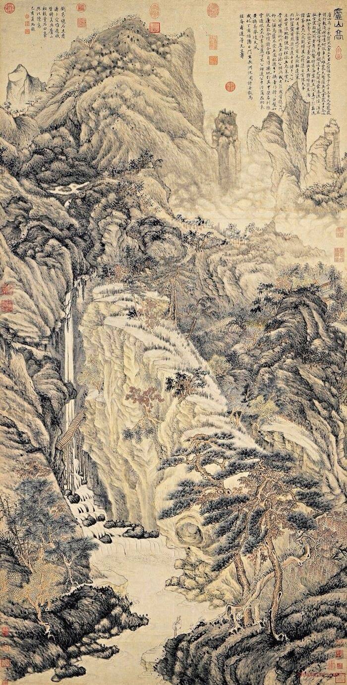 【沈周 明 山水画欣赏】
沈周（1427～1509）明代杰出书画家。字启南，号石田、玉田、白石翁、有居竹居主人等。汉族，长洲（今江苏苏州）人。生於明宣德二年，卒於明正德四年，享年八十三岁。不应科举，专事诗文、书画，是明代中期文人画“吴派”的开创者，与文徵明、唐寅、仇英并称“明四家”。传世作品有《庐山高图》、《秋林话旧图》、《沧州趣图》。著有《石田集》、《客座新闻》等。
人物简介
沈家世代隐居吴门，居苏州相城，故里和墓在今相城区阳澄湖镇。沈周的曾祖父是王蒙的好友，父亲沈恒吉，又是杜琼的学生，书画乃家学渊源。父亲、伯父都以诗文书画闻名乡里。沈周一生家居读书，吟诗作画，优游林泉，追求精神上的自由，蔑视恶浊的政治现实，一生未应科举，始终从事书画创作。他学识渊博，富于收藏。交游甚广，极受众望，平时平和近人，要书求画者“屦满户外”，“贩夫牧竖”向他求画，从不拒绝。甚至有人作他的赝品，求为题款，他也欣然应允。有曹太守其人，新屋落成欲图其楹庑，搜罗画家，沈周亦在其中，隶往摄之，沈周曰：“毋惊老母，旦夕往画不敢后”客人颇不平曰：“太守不知先生，何贱先生于此？渴贵游可勿往。”