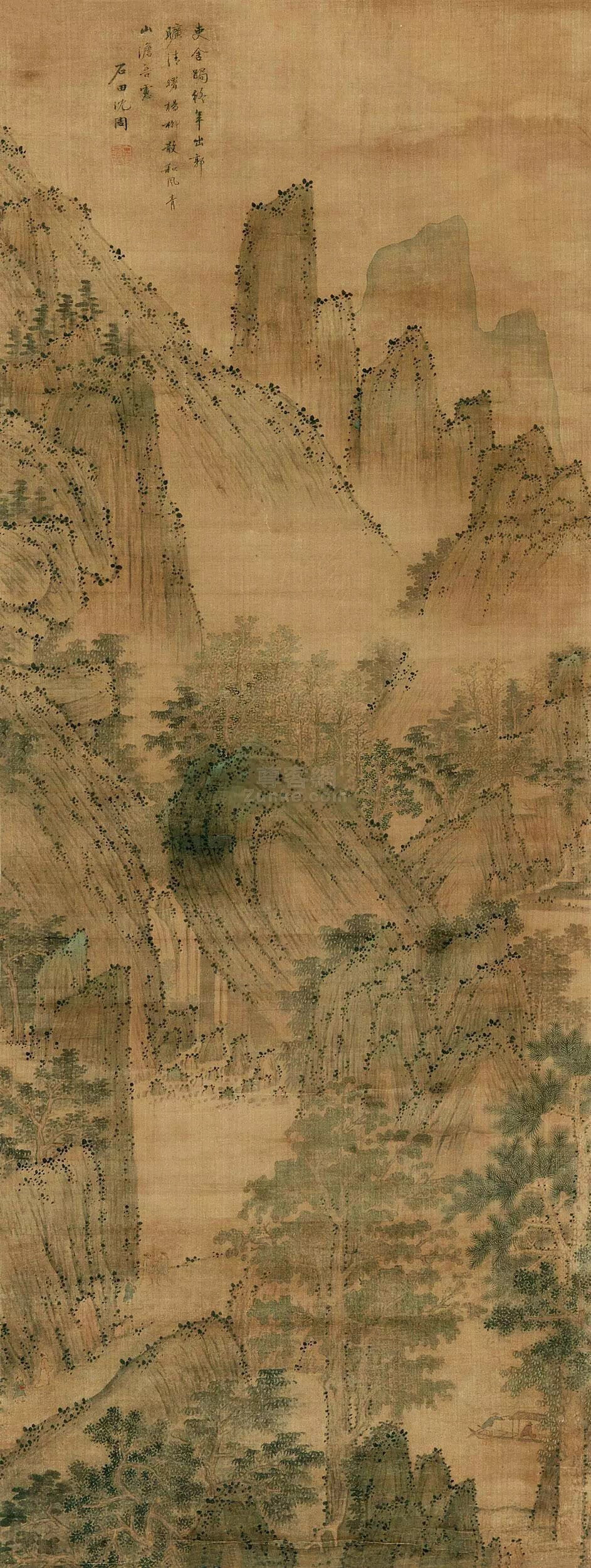 【沈周 明 山水画欣赏】
沈周（1427～1509）明代杰出书画家。字启南，号石田、玉田、白石翁、有居竹居主人等。汉族，长洲（今江苏苏州）人。生於明宣德二年，卒於明正德四年，享年八十三岁。不应科举，专事诗文、书画，是明代中期文人画“吴派”的开创者，与文徵明、唐寅、仇英并称“明四家”。传世作品有《庐山高图》、《秋林话旧图》、《沧州趣图》。著有《石田集》、《客座新闻》等。
人物简介
沈家世代隐居吴门，居苏州相城，故里和墓在今相城区阳澄湖镇。沈周的曾祖父是王蒙的好友，父亲沈恒吉，又是杜琼的学生，书画乃家学渊源。父亲、伯父都以诗文书画闻名乡里。沈周一生家居读书，吟诗作画，优游林泉，追求精神上的自由，蔑视恶浊的政治现实，一生未应科举，始终从事书画创作。他学识渊博，富于收藏。交游甚广，极受众望，平时平和近人，要书求画者“屦满户外”，“贩夫牧竖”向他求画，从不拒绝。甚至有人作他的赝品，求为题款，他也欣然应允。有曹太守其人，新屋落成欲图其楹庑，搜罗画家，沈周亦在其中，隶往摄之，沈周曰：“毋惊老母，旦夕往画不敢后”客人颇不平曰：“太守不知先生，何贱先生于此？渴贵游可勿往。”