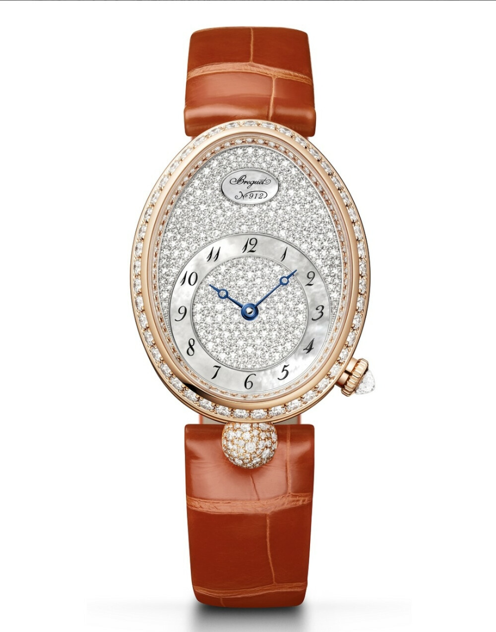 Breguet 刚刚推出一款女士腕表新作——「Reine de Naples 8938」，依然延续经典的鹅蛋形表壳设计，最大亮点是运用「雪花镶嵌」（Snow Setting）工艺来装饰表盘，近400颗钻石展现耀眼的火彩，衬托出华丽而优雅的女性气息。