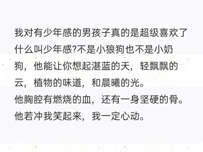 我对有少年感的男孩子真的是超级喜欢了
什么叫少年感?不是小狼狗也不是小奶狗，他能让你想起湛蓝的天，轻飘飘的云，植物的味道，和晨曦的光。
他胸腔有燃烧的血，还有一身坚硬的骨。
他若冲我笑起来，我一定心动。