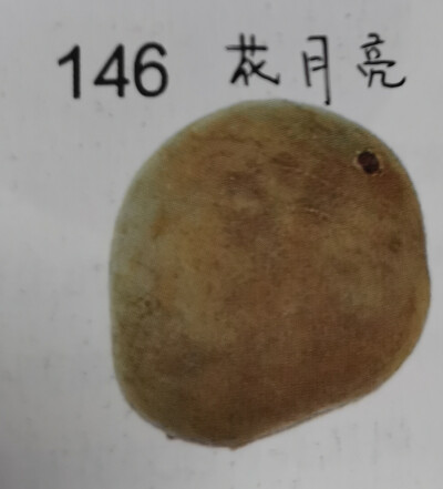 146.花月亮菩提: 一种带有花纹的月亮菩提，形状不规则。月亮子，为热带产的一种深灰色坚硬果实，每一粒上都有一浅褐色圆点，如月挂天空，本身的灰白色像清凉明润的月光，故名月亮子。月亮代表阴柔，吉祥和平安。