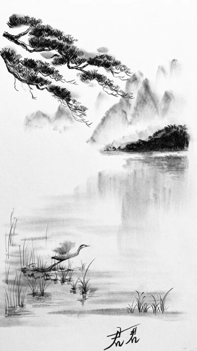 炭笔画 | 一蓑烟雨，两笔黑白
炭笔画与水墨画有非常多的相似之处，看这幅高山松柏，是不是很像一幅国画？