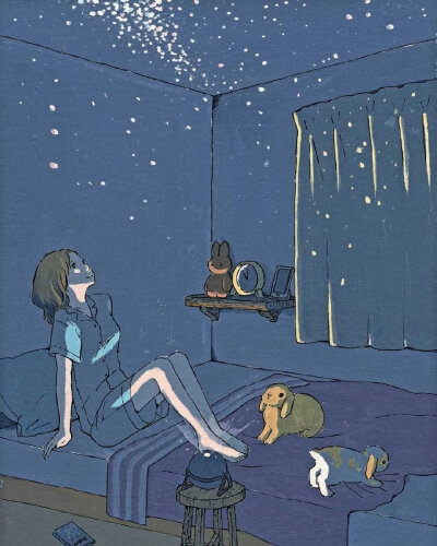 “月色伴我入眠，灵魂沉于雨天”
插画壁纸
作者：Schinako Moriyama