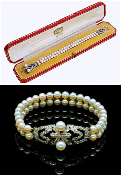 英国玛格丽特公主的珍珠钻石手链，Art Deco风格的盾形钻石搭扣配称两排珍珠，珠宝商Cartier制造，大约于1925年制造，搭扣的背面印着三个徽记，分别是玛格丽特的皇室纹章“M”，代表着铂金材质的P和标志着珍珠出自Mik…