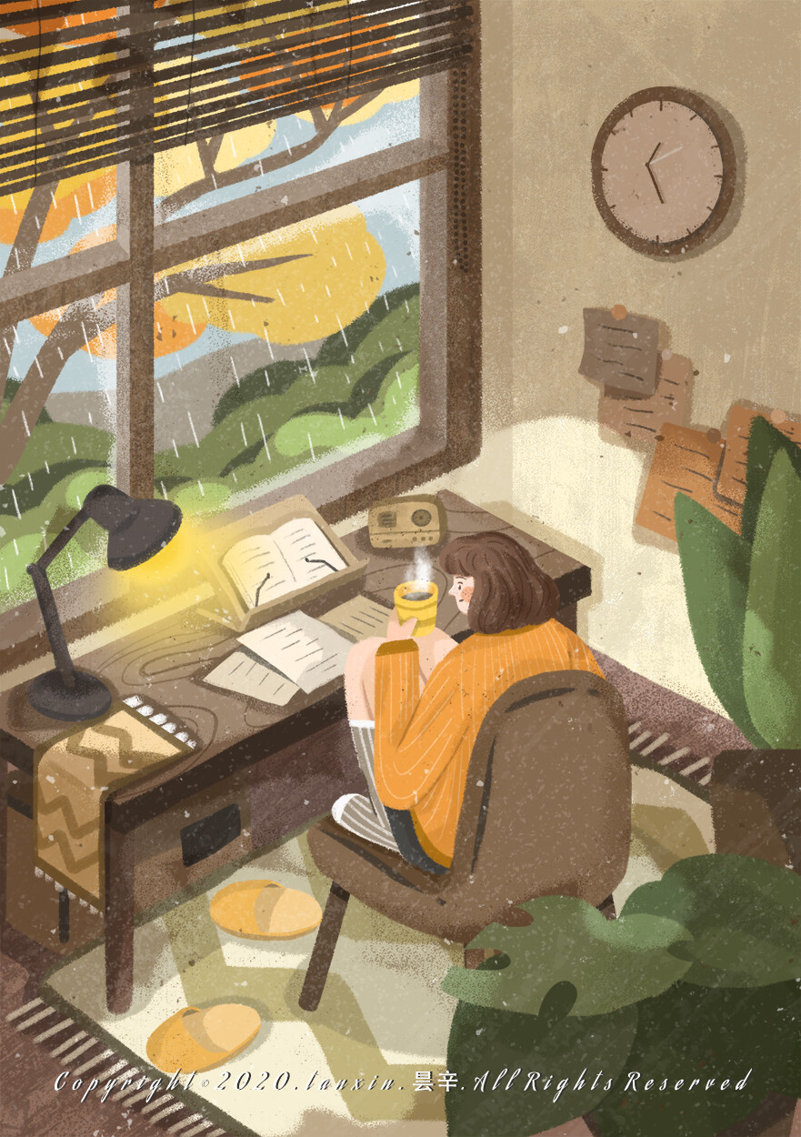 原创插画| 四季与少女
Illustration by 昙辛
在假期闲时倚靠床头看书；在露台且听风吟；在雨天的时候来一杯温暖的茶……都是生活里治愈与温暖的小确幸，正如村上春树所说：“没有小确幸的人生，只不过是干巴巴的沙漠罢了”，一起寻找生活里的小确幸吧~