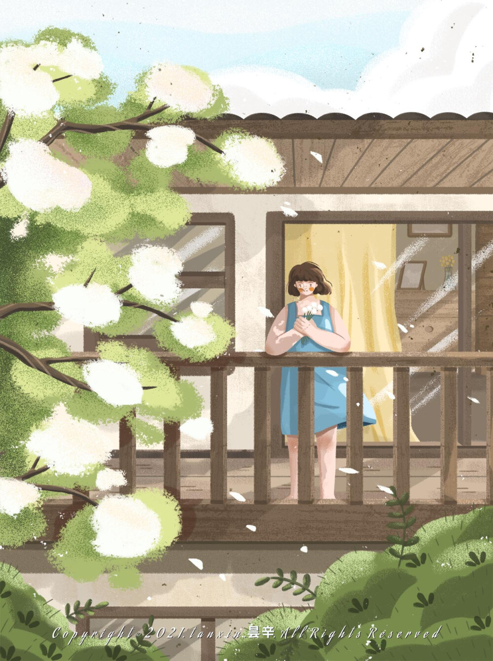 原创插画| 四季与少女
Illustration by 昙辛
在假期闲时倚靠床头看书；在露台且听风吟；在雨天的时候来一杯温暖的茶……都是生活里治愈与温暖的小确幸，正如村上春树所说：“没有小确幸的人生，只不过是干巴巴的沙漠罢了”，一起寻找生活里的小确幸吧~