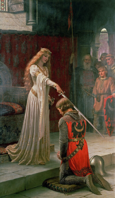 创作于1901年的《册封仪式》（The Accolade）
是维多利亚时代画家埃德蒙.莱顿（Edmund Leighton，1852-1922）的经典之作