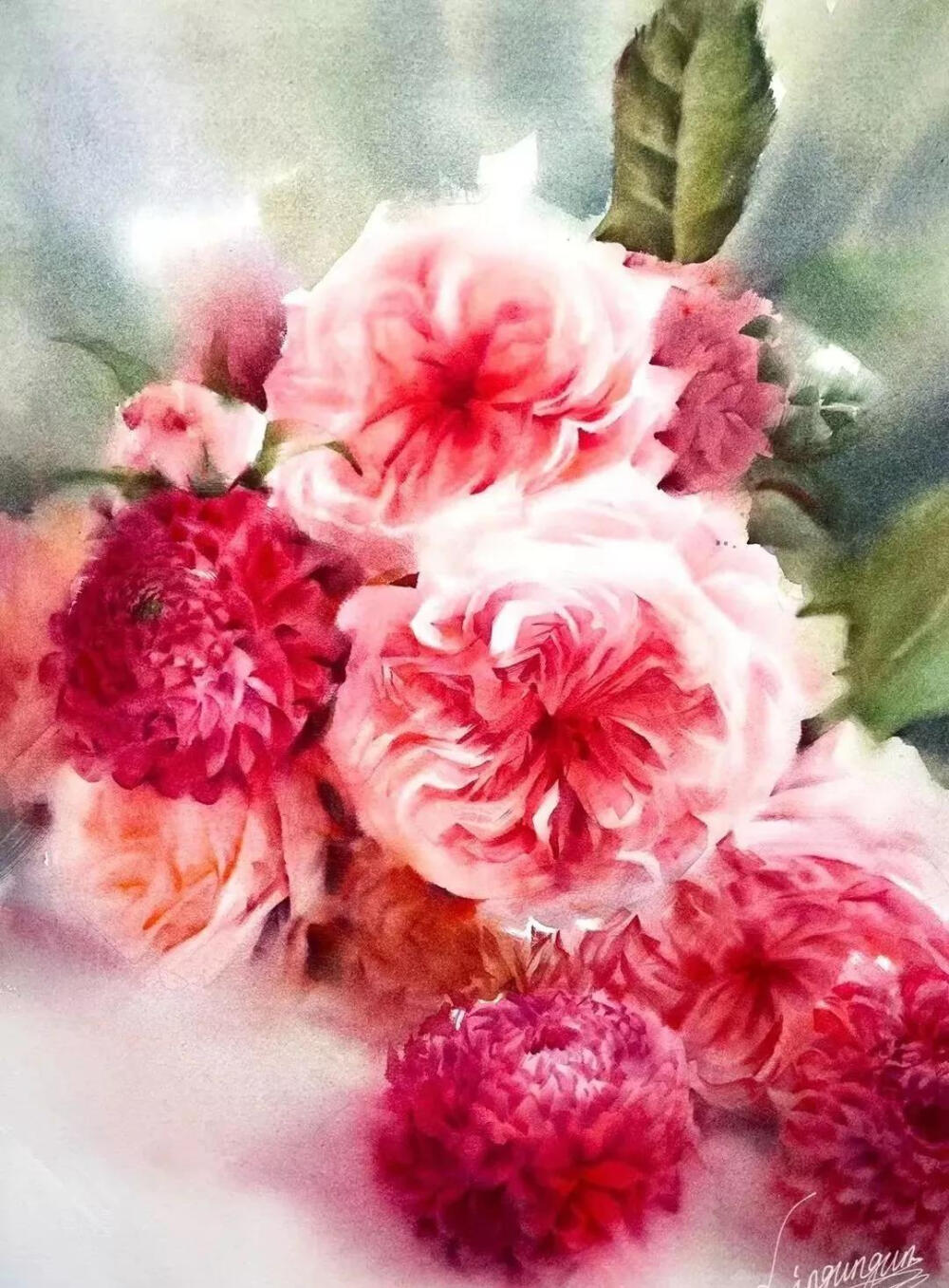 林滚滚，中文系汉语言文学学士，2014年开始自学水彩，擅长水彩湿画写意花卉静物
