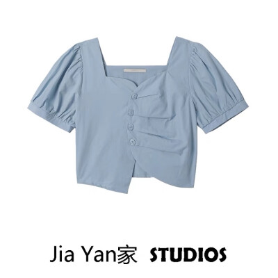 「又巷」2021夏季港风设计感褶皱单排扣蓝色方领泡泡袖T恤上衣女