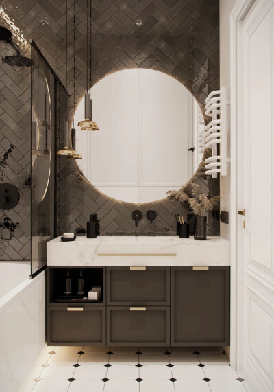 现代与古典｜造型简单却富有层次，贯穿运用在室内空间，营造出优雅高贵的艺术效果。｜客餐厅开放式的格局，敞亮舒适，优雅的石膏线、黄铜元素及自然光的催化，展现复古雅致的气息，继而带出轻奢质感。｜卧室以高级灰…