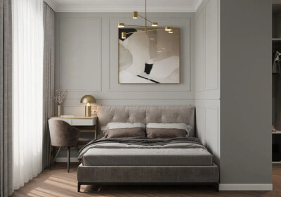 现代与古典｜造型简单却富有层次，贯穿运用在室内空间，营造出优雅高贵的艺术效果。｜客餐厅开放式的格局，敞亮舒适，优雅的石膏线、黄铜元素及自然光的催化，展现复古雅致的气息，继而带出轻奢质感。｜卧室以高级灰…