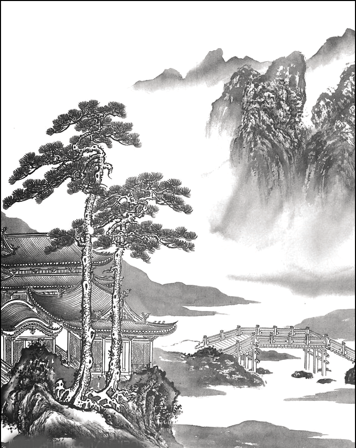 古风中式水墨画山水背景免抠素材PNG