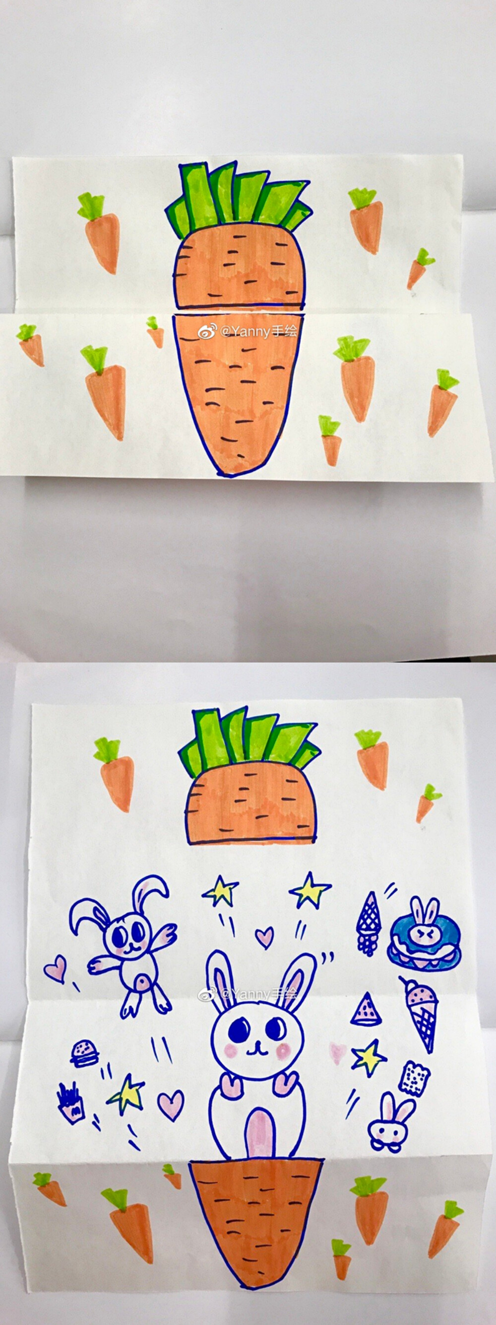 有趣的折叠，就像是盲盒打开，红萝卜和小兔子的联想画！