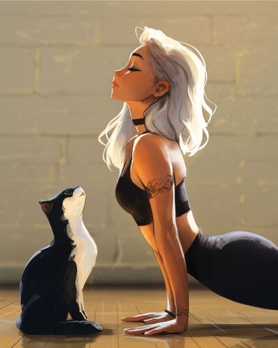 Cat & Girl 插画 By_sam yang
