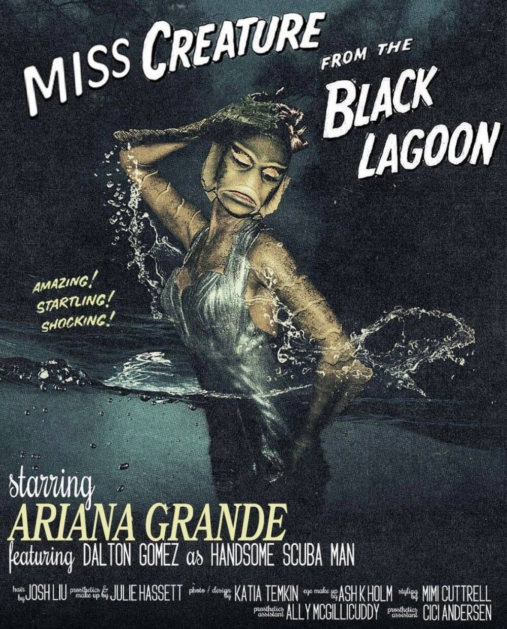 Ariana Grande2021万圣节造型——半人半鱼生物Miss Creature
灵感来自1954年的经典惊悚电影《黑湖妖潭》