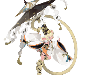 川猿(cv:藤田茜)

狸猫千变，川猿万化。
鲜有人见过川猿的本体，包括它们本身。
川猿将它见到的事物记录在花纸上，
像风铃一样挂在「二重伞」上。
只需要对着花纸「——咻」地念咒，
川猿就可以化身成对应的样子。
川猿变身，天衣无缝，
除了那永远也变不掉的尾巴。