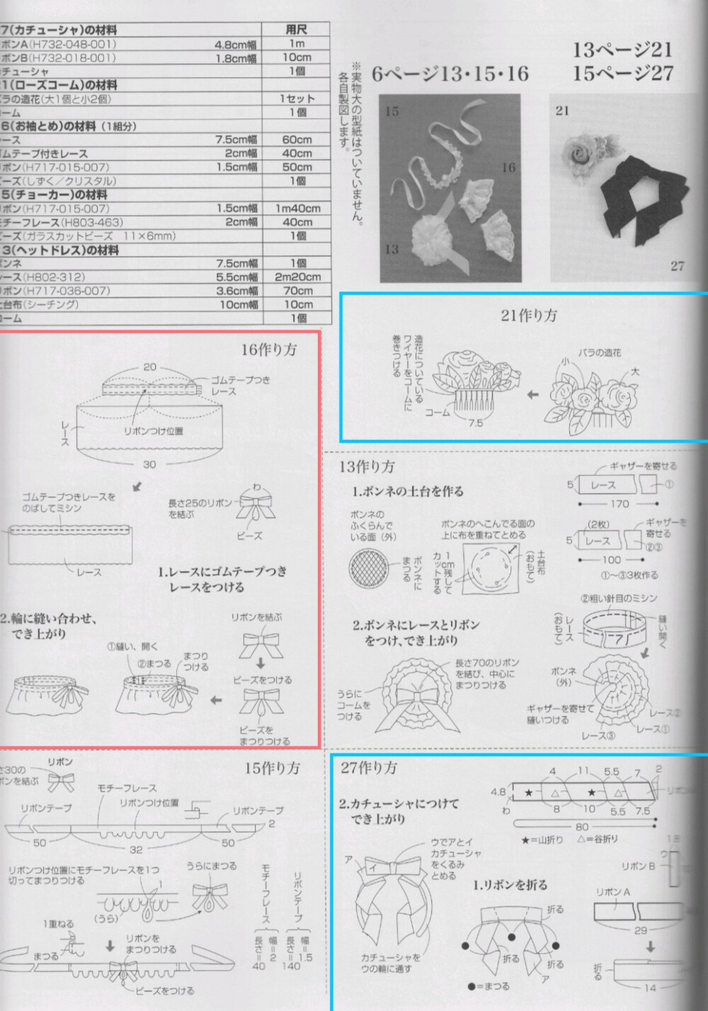 效果图(制作全)
发饰小礼帽——71页[13.]
蕾丝蝴蝶结项链——71页[15.]
袖口装饰套——71页[16.]
玫瑰发梳发饰——71页[21.]
蝴蝶结发箍(尾巴多褶)——71页[27.]