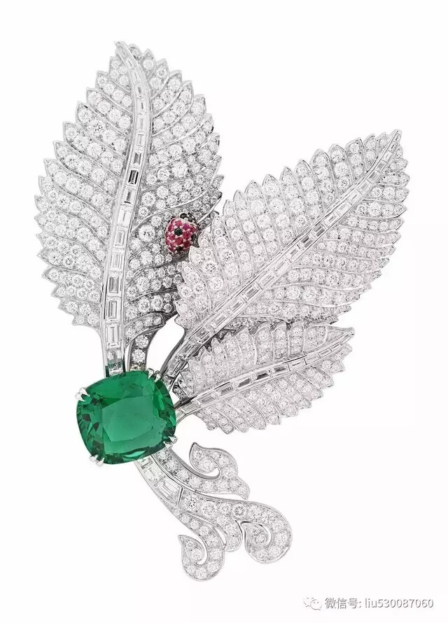 Cachette des Coccinelles 白金胸针，by Van Cleef & Arpels
主石为一颗10.17ct的枕形切割祖母绿，产自赞比亚，叶片部分镶嵌钻石。轻轻拨动叶片可以看到隐藏在胸针中的小瓢虫，由玫瑰金制作，镶嵌黑色和红色尖晶石。