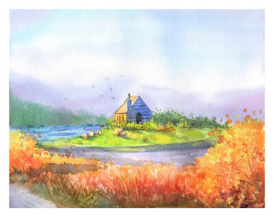 水彩步骤图|简单舒适的水彩小风景
小树林、河流、小房子