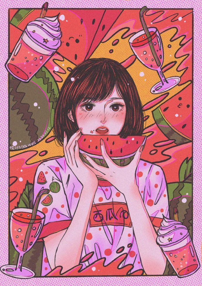 水果女孩插画一组~
作者：哎哟微well ​​​