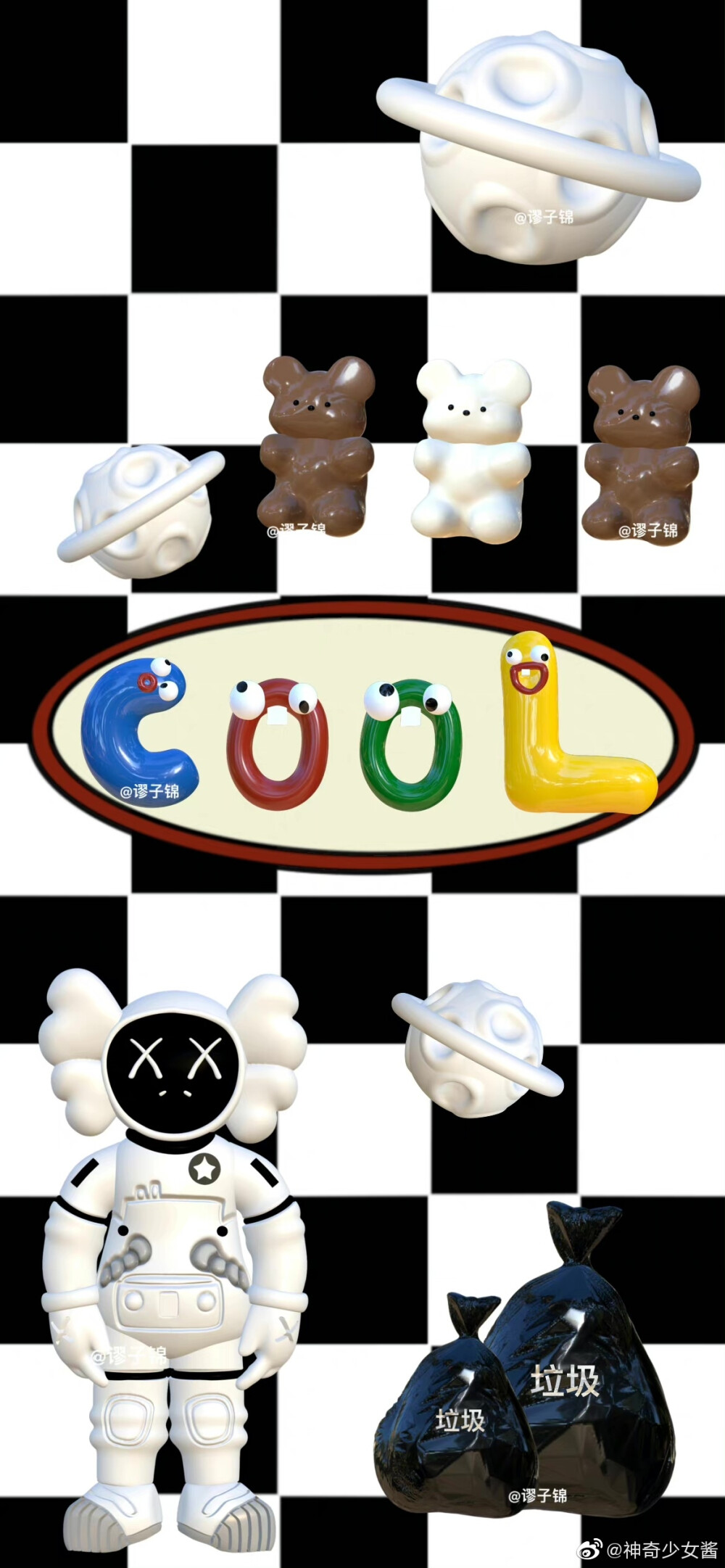 一些棋盘格元素的搞怪可爱的壁纸～
图片出处:谬子锦