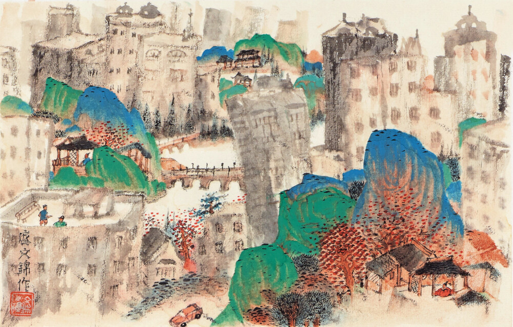 国画，盛文锦山水画，山水画，水墨画，青绿山水画，中国美术学院，中国美术家协会会员，中国工笔画学会会员，江苏省美术家协会会员。