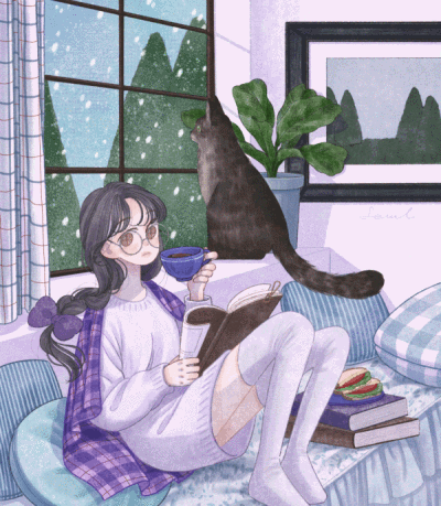少女与猫咪 动态 插画 By_seul grim