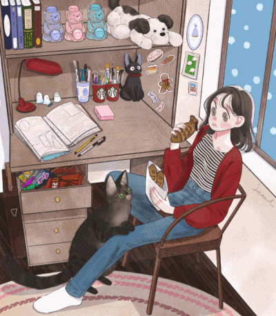 少女与猫咪 动态 插画 By_seul grim