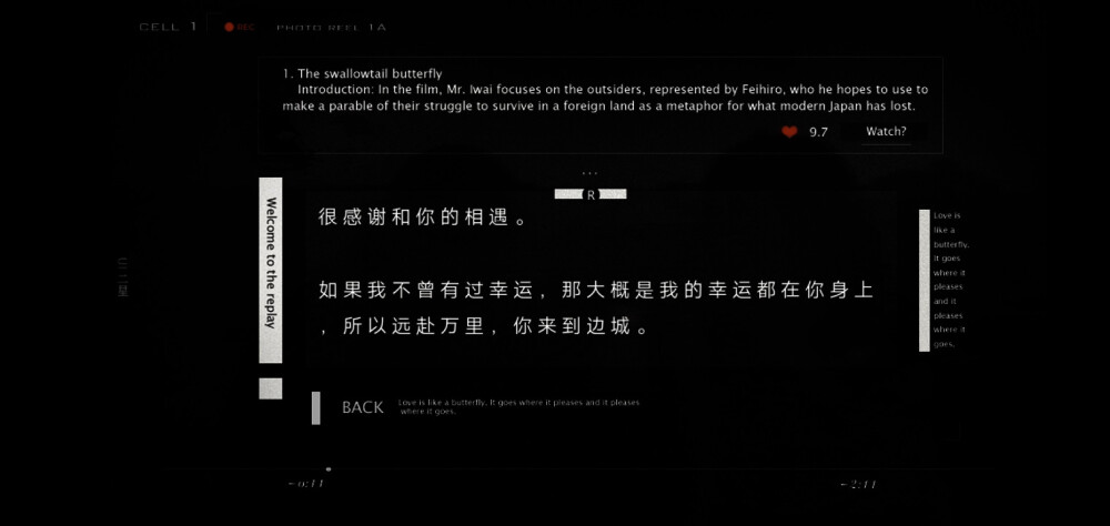 “他闯进一片贫瘠的人生，并祈求神明请给予几片细碎的幸运，让春日来临。”
“未环游的风不曾吹进边城的春日，但你在这里，就是我全部的太阳。”
“林疯，环游世界中，勿扰……”
——《未环游的风》END