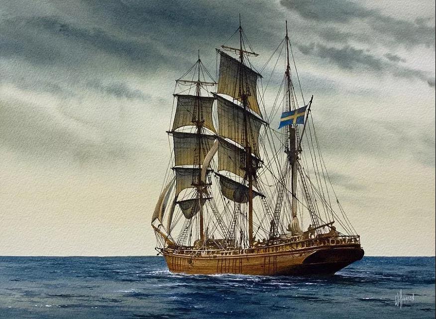 画师：詹姆斯·威廉姆森，他的大部分作品基本都是去世界各地旅行时画的。他的画面层次分明，在色彩的处理上，灰色调中的变化肯定是微妙的。与远山、天空对应的倒影绝非仅是深浅虚实的变化，更加重要的是色彩冷暖的变化。