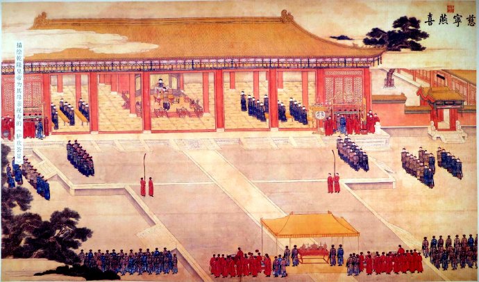 《胪欢荟景图》册，有“万国来朝”、“合璧联珠”、“回人献伎”、“慈宁燕喜”、“寿宇同游”、“九老作朋”、“香林千衲”、“厘延千梵”八开，记录了乾隆帝为其母崇庆皇太后七十圣寿举办的庆典活动。