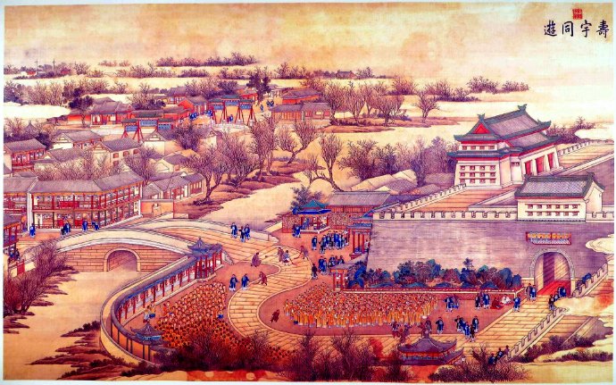 《胪欢荟景图》册，有“万国来朝”、“合璧联珠”、“回人献伎”、“慈宁燕喜”、“寿宇同游”、“九老作朋”、“香林千衲”、“厘延千梵”八开，记录了乾隆帝为其母崇庆皇太后七十圣寿举办的庆典活动。