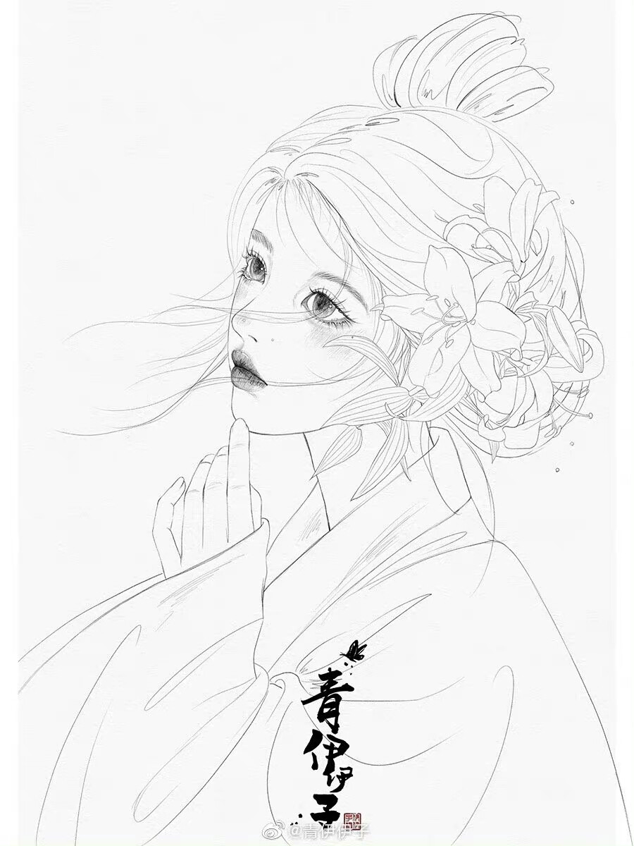 古风人物插画,古风人物头像线稿速写系列,美极了 画师@青伊伊子