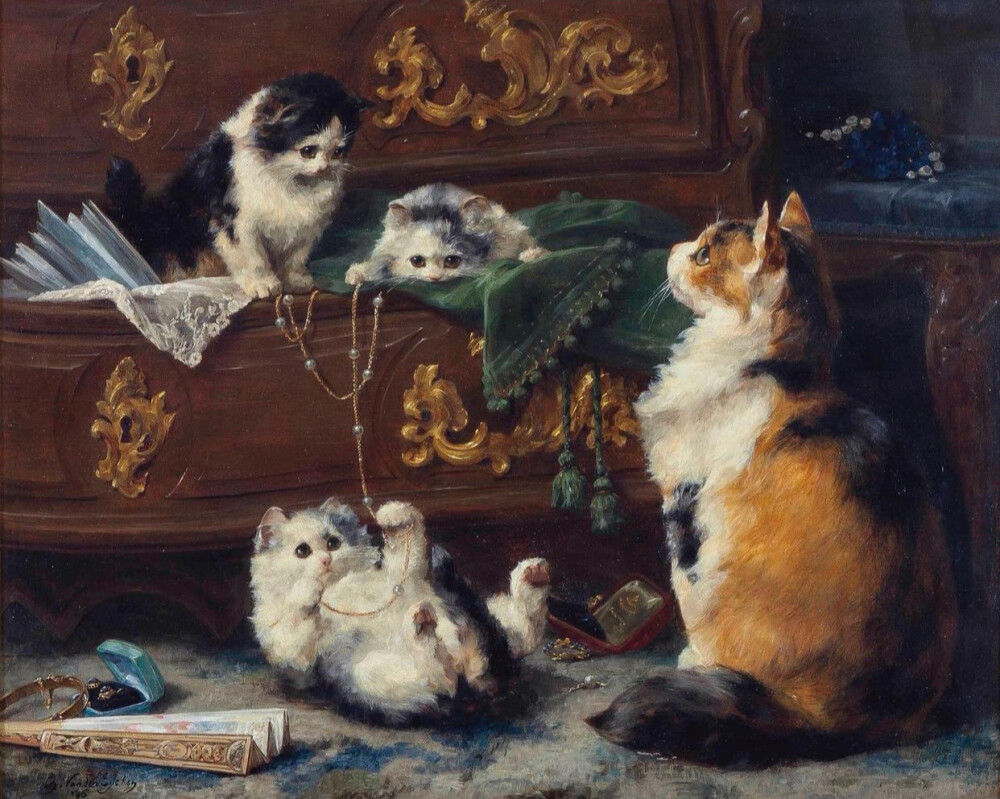 《A Cat with her Kittens》 1896
Artist: Charles van den Eycken (1859-1923)