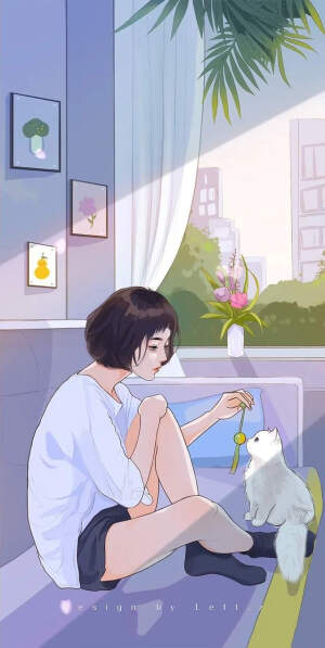 少女与猫咪，春日里的温暖～～唯美 插画 By_left.z
