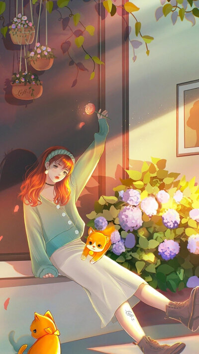 少女与猫咪，春日里的温暖～～唯美 插画 By_left.z