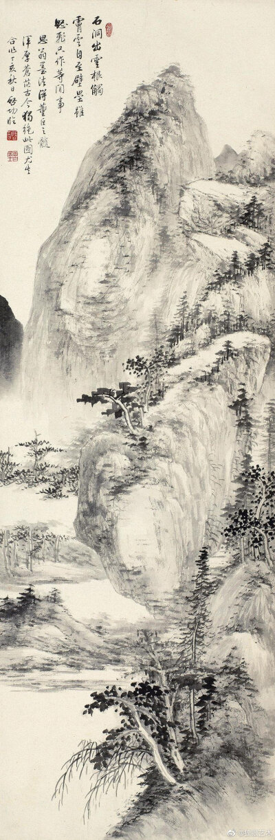 赏近代画家. 启功作《临董其昌山水》
“石洞出云根，触肤云自至。壁垒虽怒飞，只作等闲事。”
这幅画作是启功先生于1947年所作的，内容为临董其昌山水画。拟古仿古是启功先生绘画创作的一个重要内容。在启功先生存…