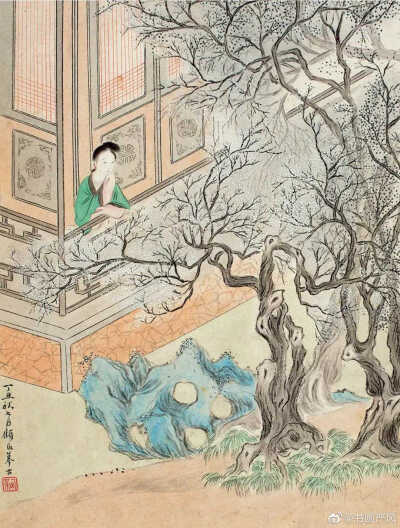 清 顾洛《春闺怡情图册》 。顾洛(1763-约1837)，字西梅，号禹门，浙江钱塘(今杭州)人，清嘉道时名家，画工人物，尤擅仕女、山水，亦工花卉。