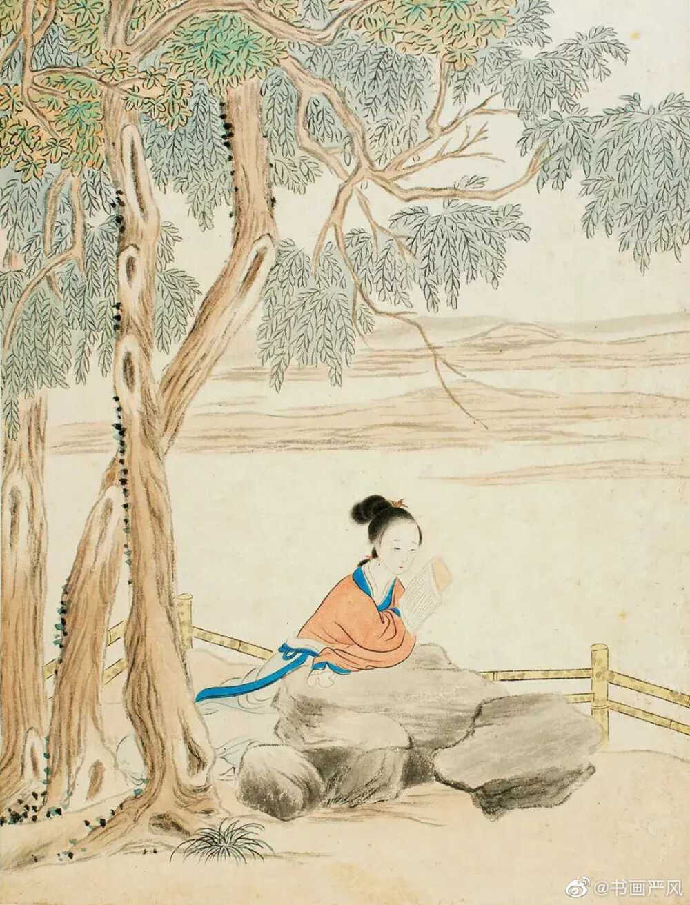 清 顾洛《春闺怡情图册》 。顾洛(1763-约1837)，字西梅，号禹门，浙江钱塘(今杭州)人，清嘉道时名家，画工人物，尤擅仕女、山水，亦工花卉。