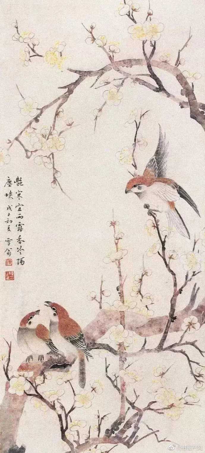 陈之佛 茶梅寒雀。陈之佛（1896—1962），号雪翁，浙江余姚人，近现代美术教育家，工艺美术家、画家。作为二十世纪工笔花鸟画的开拓者，陈之佛融贯中西，继往开来，在诗意般的画格下呈现人性的独白，诠释高洁的灵魂。他的工笔花鸟画，美在清雅，美在明净