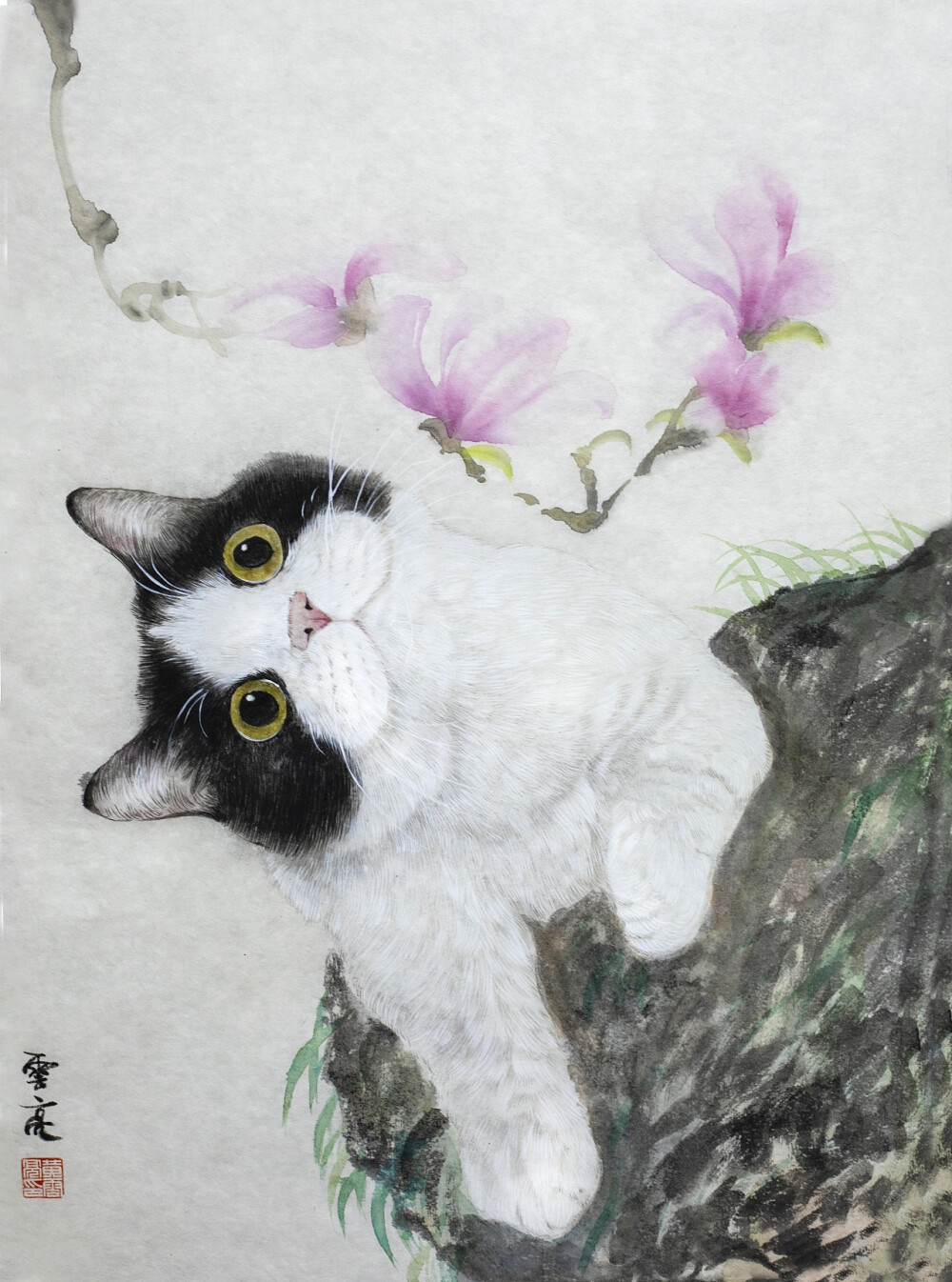 黄云亮--- 猫肥家润 奶牛猫歪头看玉兰花 国画画猫